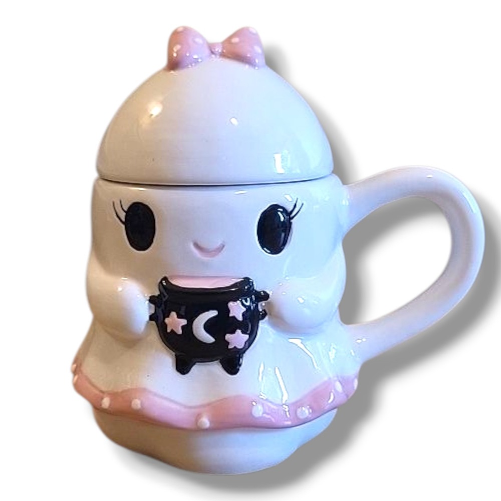 Jack O Lantern Lane Girl Ghost Wearing Pink Bow & Cauldron  Halloween Mug